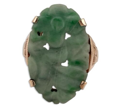 size 5.25 10k yellow gold vintage carved jade flower floral ring J23-603