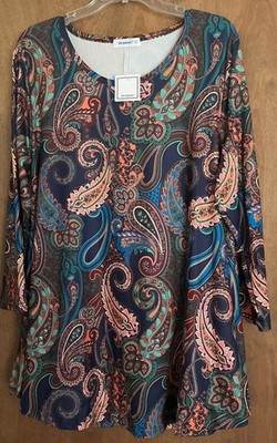 NWT Splensive Tunic Top Womens Plus 2XL 3/4 Sleeve Paisley Multicolor Flowy Boho
