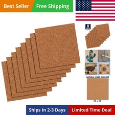 Cork Tiles, Bulletin Board Cork Panels 12" x 12" x 3/16", Natural, 8 Pack 108