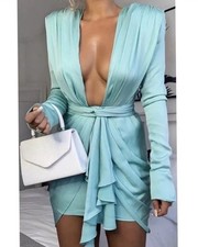 House of CB Pascal Dress Aqua Deep V Draped Skirt Long Sleeve Short Small