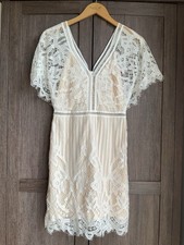 Boohoo Beautiful Nude & White Crochet Lace Overlay Vintage Style Dress 8 New