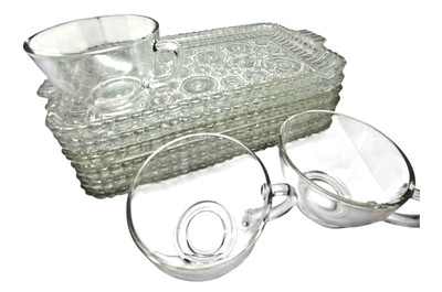 1950s Serva-Snack Tray of 6 and Cups of 3 Vtg Colonial Lady Pattern Anchorglass