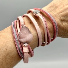 Multi-strand leather wrap bracelet pink Druzy magnetic clasp