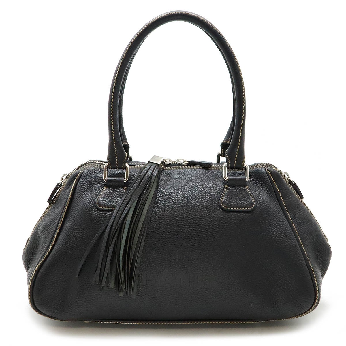 CHANEL Black Caviar Skin Boston Bag with Logo Fringe Tassel Shoulder Tote