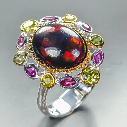 Super Top AAA+ 7 ct+ Natural Black Opal Ring 925 Sterling Silver Size 8 /R464100