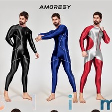 AMORESY Men's Shiny Glossy Swimsuit Jupsuits Fitness Sportswear Tights Overalls
