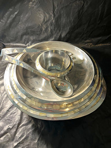 Large Round Silver plated Serving Tray Set of 4 & 1 each mosaic 16in Spoon Fork