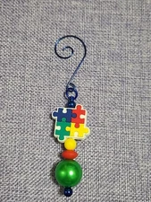 Handmade Beaded Blue Autism Awareness Puzzle Pieces Spiral Hook Hanging Ornament