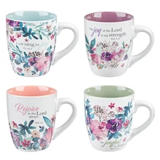 Ceramic Coffee or Tea Mug Set for Women, Rejoice Watercolor Flowers Design