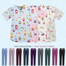 Women men Cotton Scrub Set Nurse Medical Uniform V-Neck 3-Pockets Top US Blouse