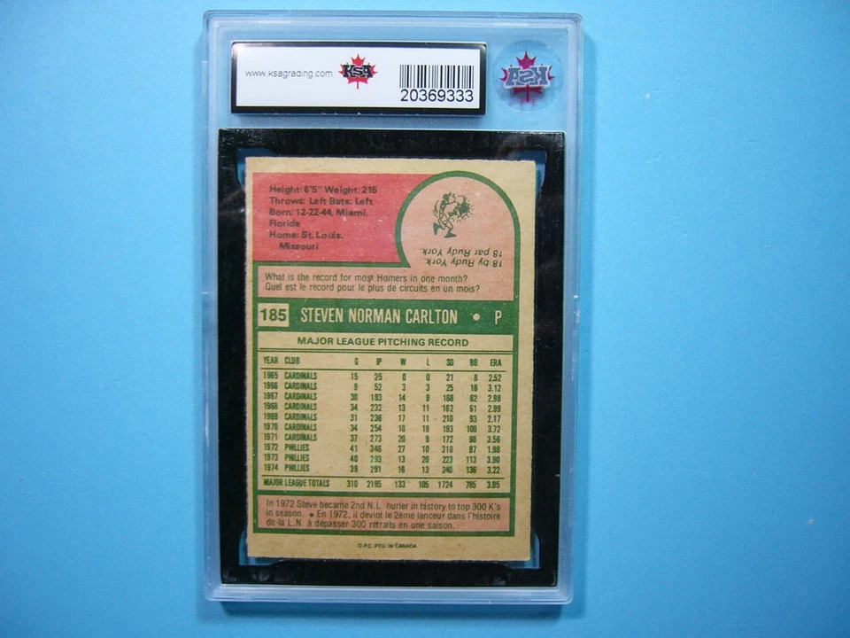 Tarjeta de béisbol 1975 O-PEE-CHEE MLB #185 Steve Carlton KSA 9 ¡¡Como nueva nítida!! OPC GL Foto 2 de 2