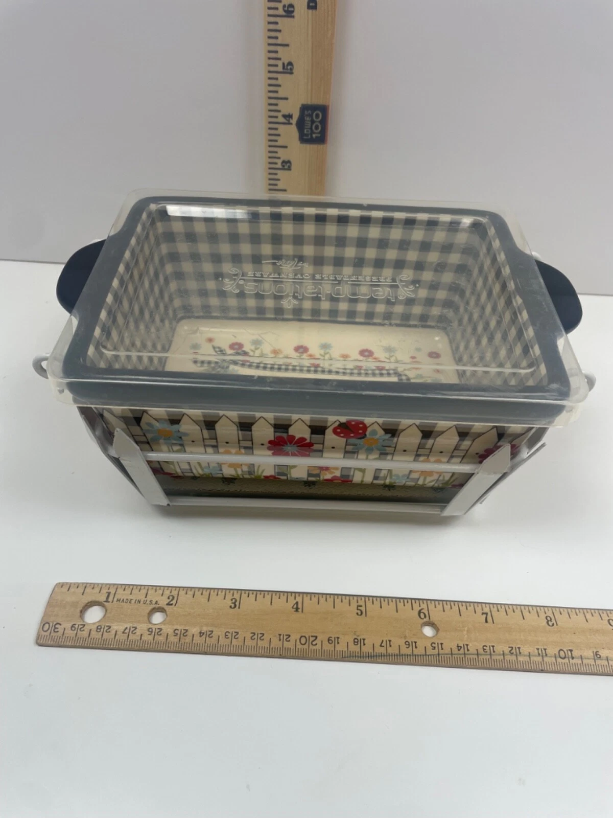Temptations Gingham Garden Black 1.0 QT Bakeware Loaf Pan Trivet, carrier, lid