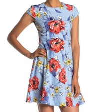 VINCE CAMUTO Floral Fit and Flare Cap Sleeve Dress Blue Red Mini Party Wedding 4