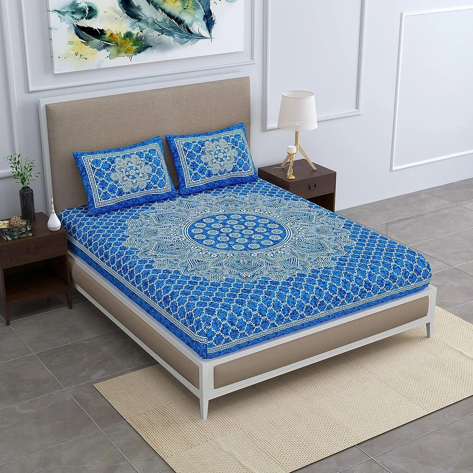 Sábana bajera estampada azul 120 TC mezcla de algodón cama doble tamaño king + 2 fundas de almohada Foto 3 de 4