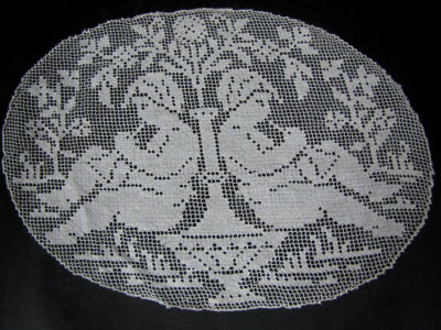 Antique Doily Insert Handmade Figural Lace Children Playing Horns 10'' Oval