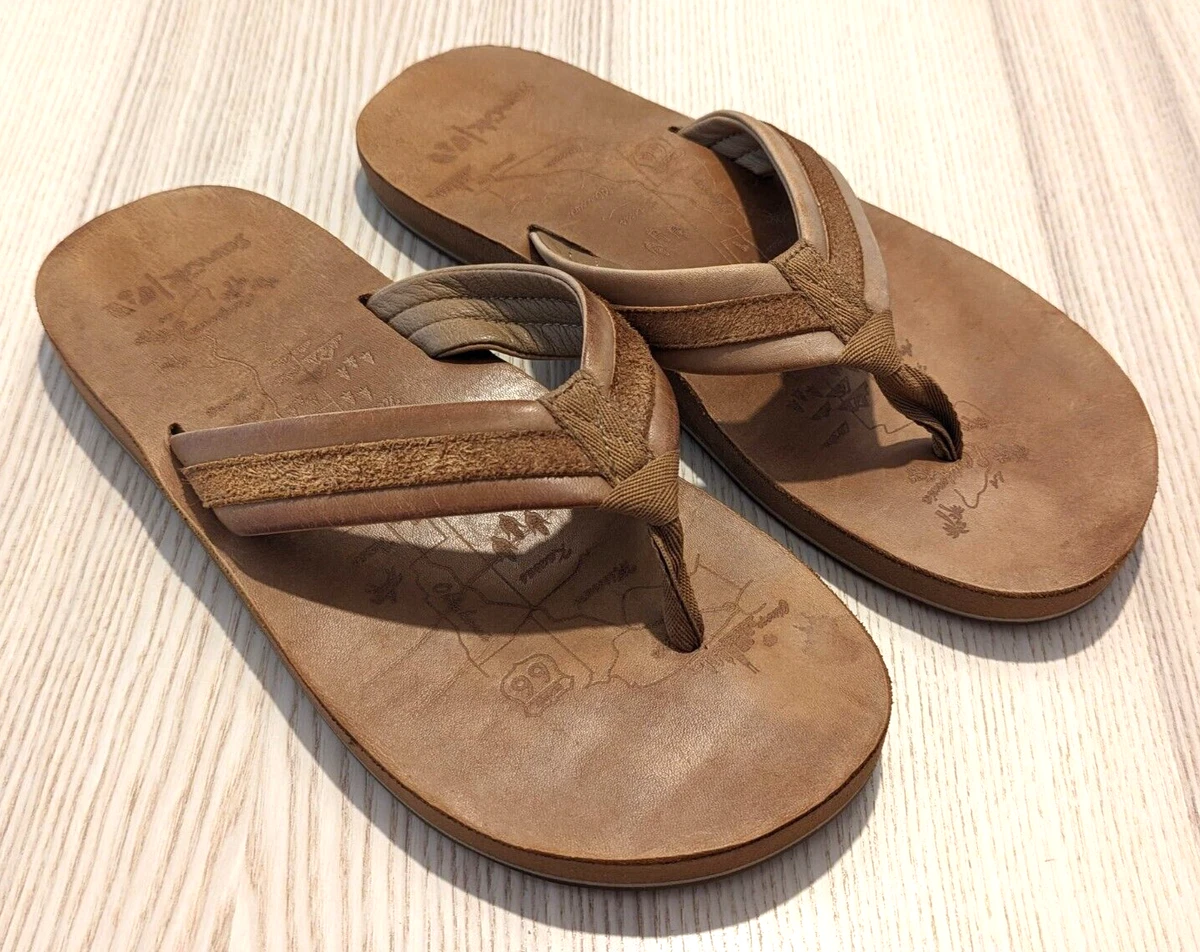 SANUK X AIRSTREAM Tow'd Up Tan Leather Flip Flops SIZE 12 Sandals Camp  Route 66