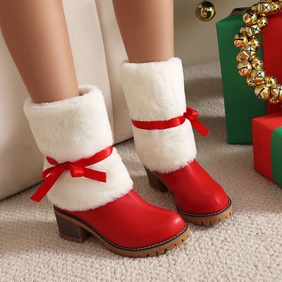 Women Fashion Snow Boots Girls Fur Trim Warm Block Heel Bows Ankle Boots