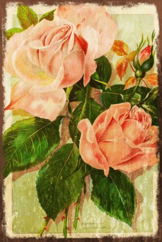 Różowe róże Vintage Look Styl retro Metalowy znak, Kwiat ogrodowy Kwiatowy Szopa - Zdjęcie 1 z 1