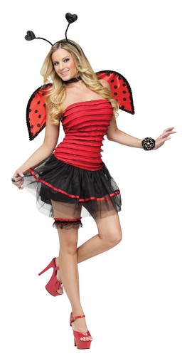 Womens Adult Sexy Fantasy Deluxe Lady Bug Ruffle Dress Costume Outfit W/ Wings