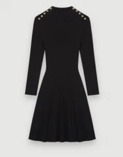 NEW Maje Buttoned Shoulder Rib Knit Mini Dress In Black Size 38 US 6  #D7692