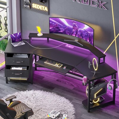 79'' L Shaped Gaming Desk w/Storage Shelf&LED Light Computer Desk for Home Office