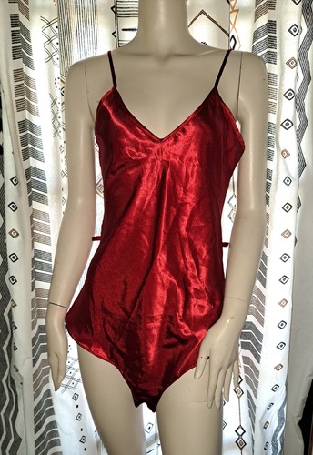 Vtg 80s Red Second Skin Satin Playsuit Bodysuit Small Loose Fit Glam Rock