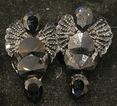 Vintage Diane Lauren Disco 1980s Black Faceted Crystals & Beads Clip On Earrings