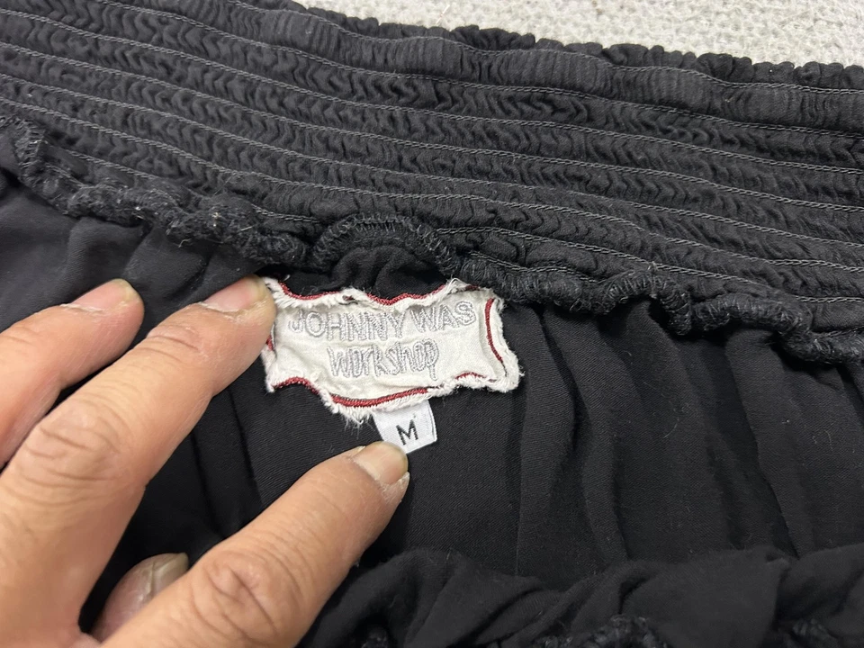 Camisa Johnny Was Workshop Mujer Mediana Negra Hombro Descubierto Boho Festival Fluida Foto 3 de 4