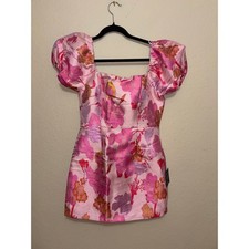 Lulus “So Stunning” Pink Multi Floral Jacquard Puff Sleeve Mini Dress