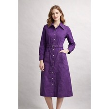 Vintage Dead Stock Purple Button Front Midi Shirt Dress Belted Pockets Size 14