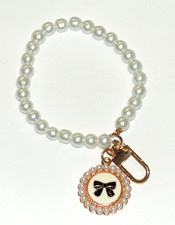 Faux Pearl Bracelet Keychain Enamel Bow Charm Beaded Key Ring Purse Bag Clip