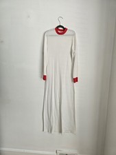 1940s Vintage White Waffle Knit Long Sleeve Nightgown with Red Trim and Collar