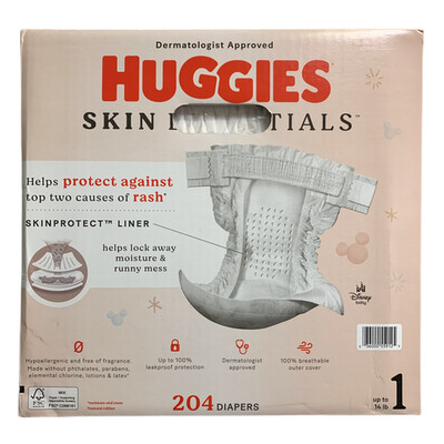 Huggies Skin Essentials Baby Diapers, Size 1 (up to 14lbs.), 204 Count