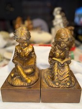 Vintage Gold Bronze Finish Bookends Boy  Girl Reading Books Made in Korea