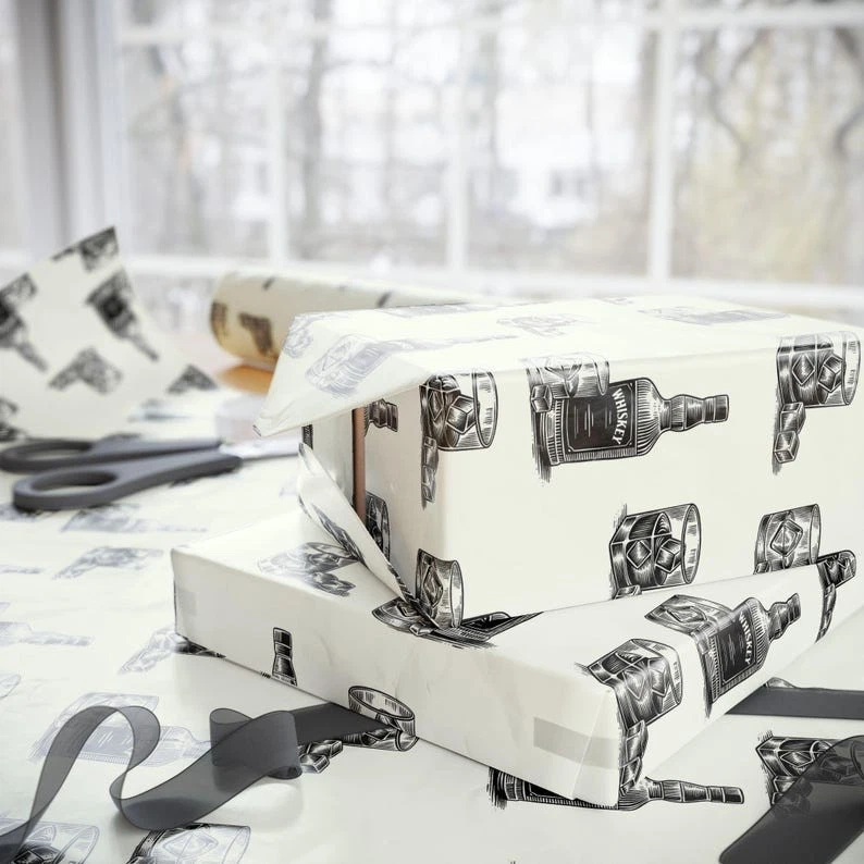 Whiskey Gift Wrapping Paper, Elegant Alcohol Enthusiast Holiday Vintage Gift Wrap