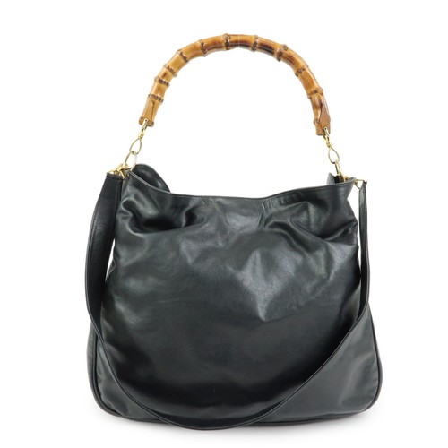 GUCCI Bamboo Leather 2Way Bag Hand Bag Shoulder Bag Black 001・1781 Auth Used F/S