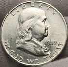 1949 D Franklin Half Dollar, 90% Silver - 2nd Year, Nice AU Slider, F-4930