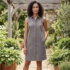 Garnet Hill 100% Linen Printed Brown Button Down Shirt Shift Dress 6 Boho Beach