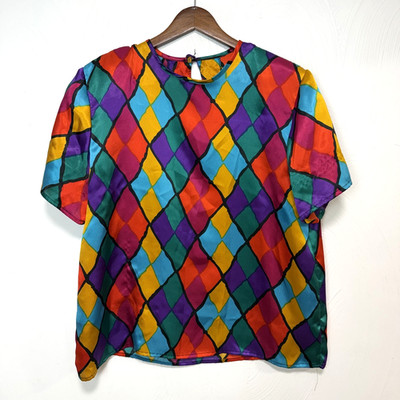 Vintage Point & Line Women's 80s Colorful Short Sleeve Blouse Medium USA Made