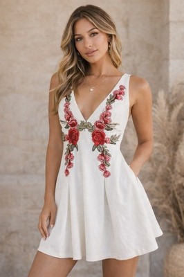 Stella Laguna Beach White Embroidered Floral Mini Dress Large Deep V Romantic A8