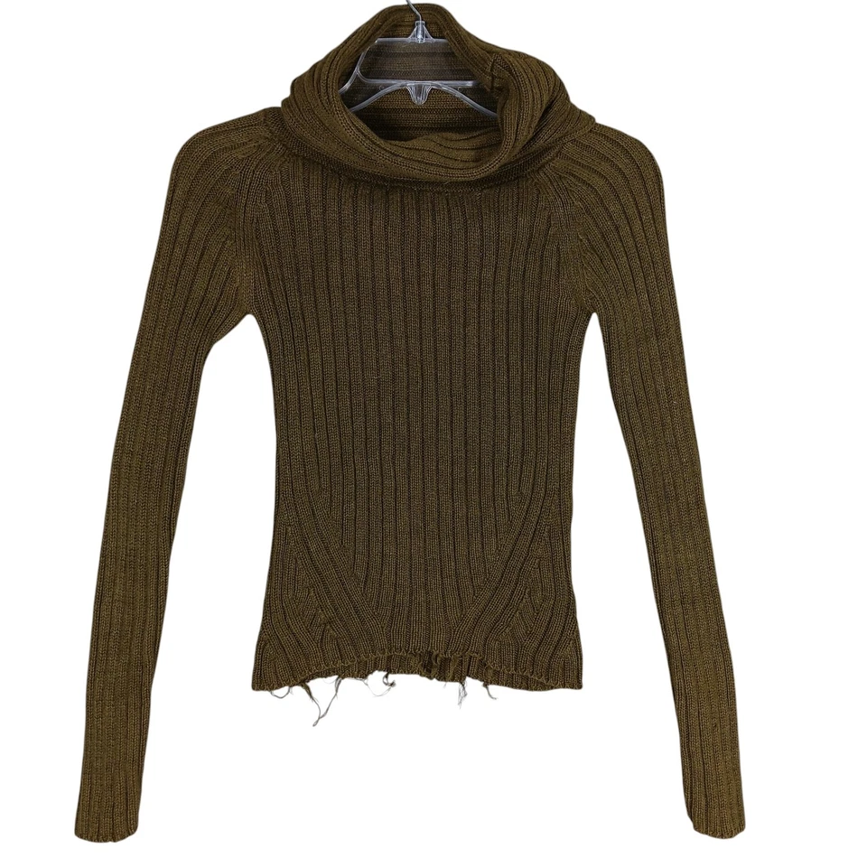 Suéter Energie Cuello Tortuga Top Talla Pequeña Verde Musgo Acanalado Tejido Dobladillos Crudos Foto 3 de 4