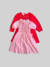 Two VTG Girl  s Polly Flinders Smocked Dresses Pink Easter Red Christmas 5T/6-6X