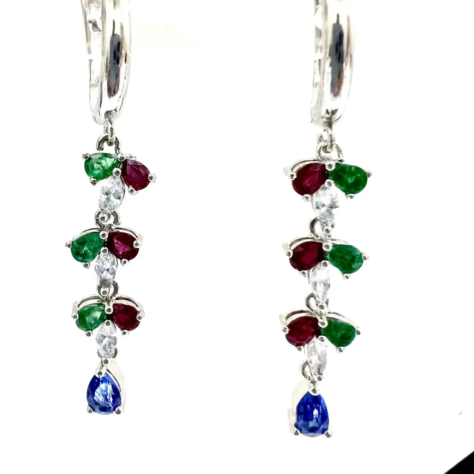 Ruby Emerald Kyanite Earrings: Sterling Silver Lever Back Gemstone Dangle - Image 2 of 4