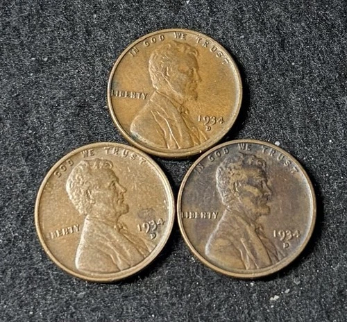 1934 D (3 Coins) Lincoln Wheat Pennies- Free Shipping