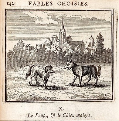 Fabeln de la Fontaine Wolf Hund Kupferstich Henrik Cause mit Passepartout 1728