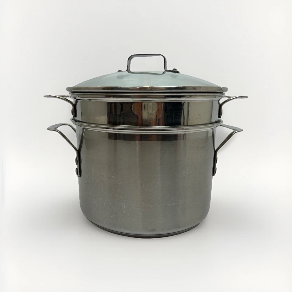 Calphalon 8Qt Stainless Stock Pot w Lid & 2 Steamer Inserts Model 8608MP - Image 2 of 4