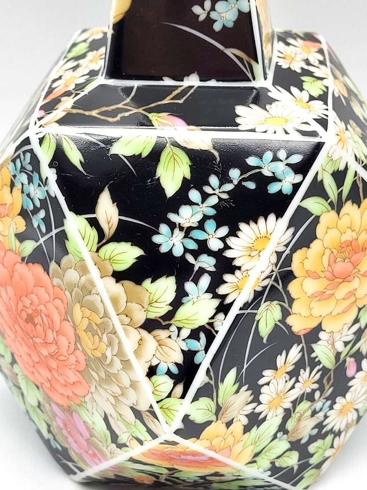 VTG. Shibata Chinaware Japan 8" Vase Multi Faceted Black w/Colorful