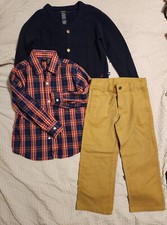 Nautica Boys Size 4 Pants Shirt Cardigan Sweater 3 Pc Set Blue Tan Red