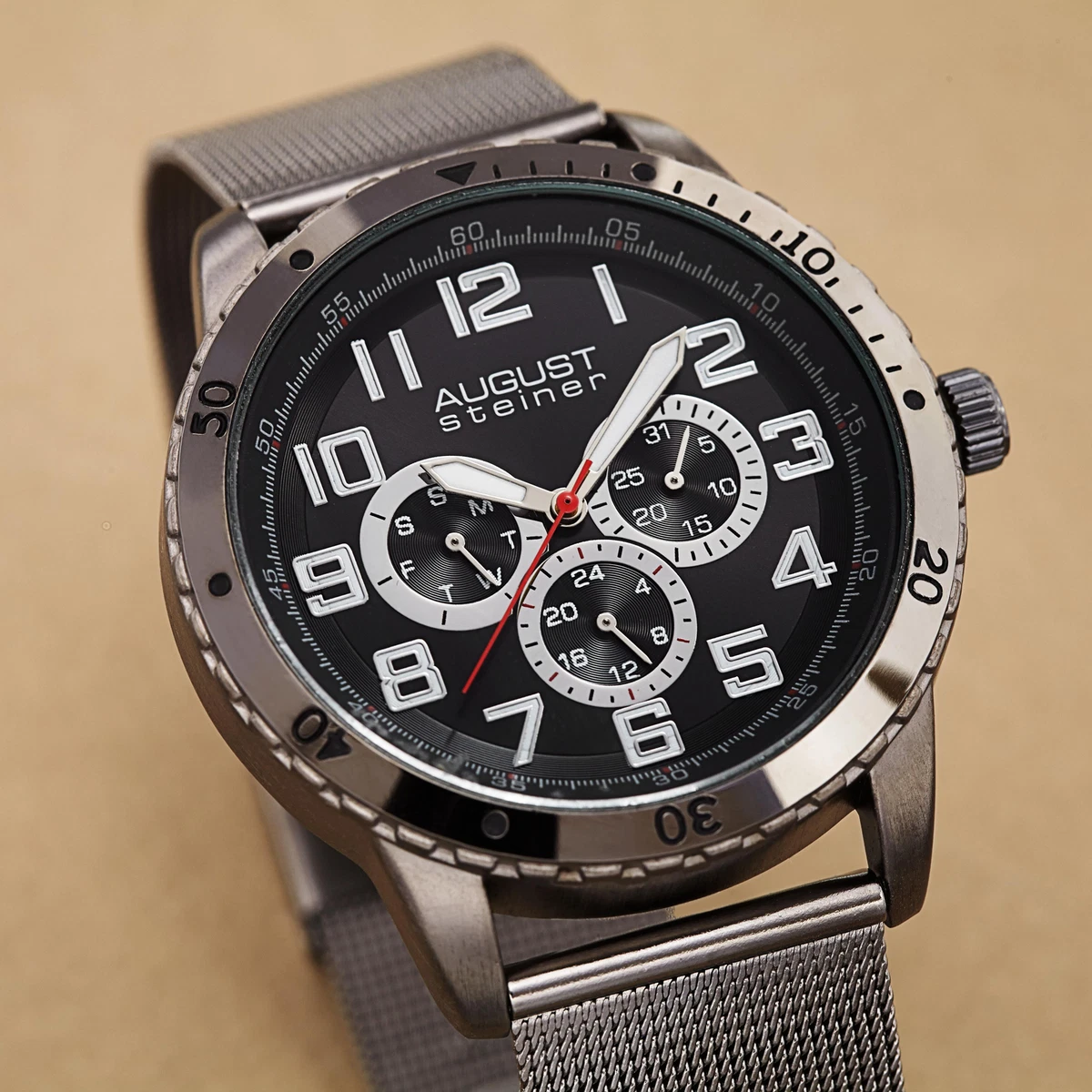 New Men s August Steiner AS8115BK Multifunction Black Stainless Steel Mesh Watch