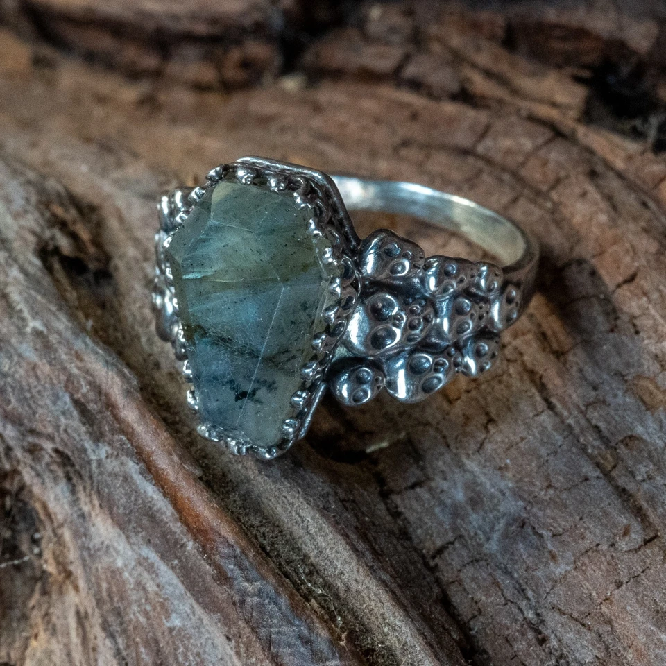 Labradorite Bara & Anello Teschio Argento Sterling Gemma Semi Preziosa Gotico - Immagine 2 di 3